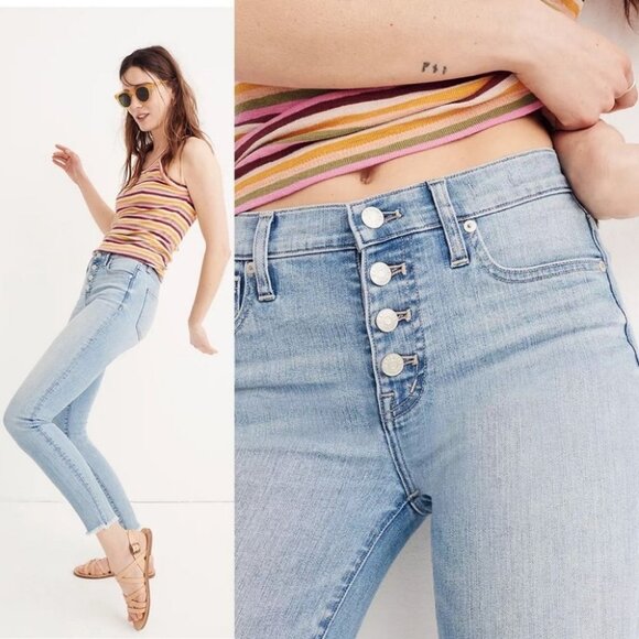 Madewell High Rise‎ Skinny Crop Button Front Raw Hem Light Blue Magic Pockets 25 - Picture 1 of 15